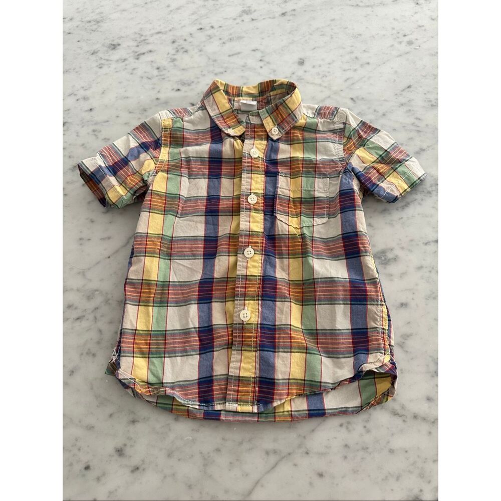 Carter’s short sleeve button down plaid yellow blue boys sz 2T